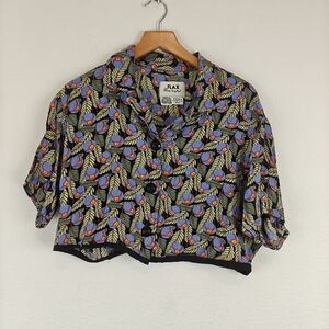 Flax Black Cropped Button-Up with Berry Floral Print